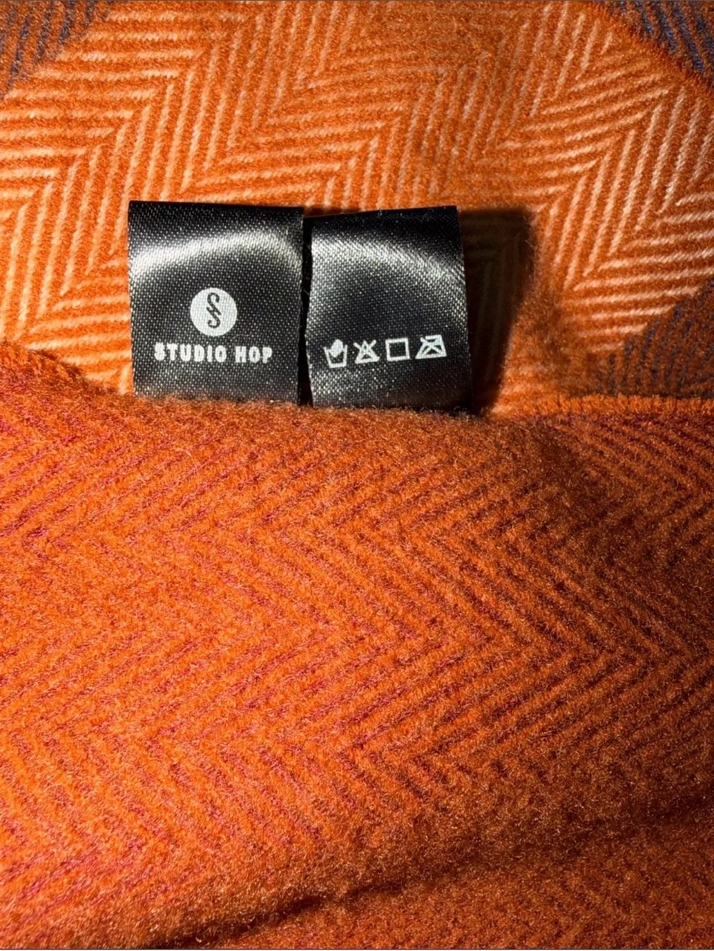 STUDIO HOP herringbone rust burnt orange cashmere blend fringe scarf